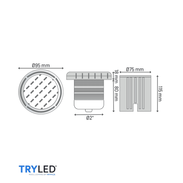 Medidas Foco LED Mini Rosca TRYPOOL 10W blanco - MR10F / UL010C
