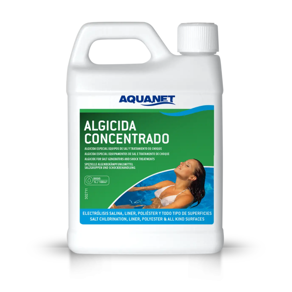 Aquanet Algicida Concentrado para piscinas salinas, botella de 1 litro