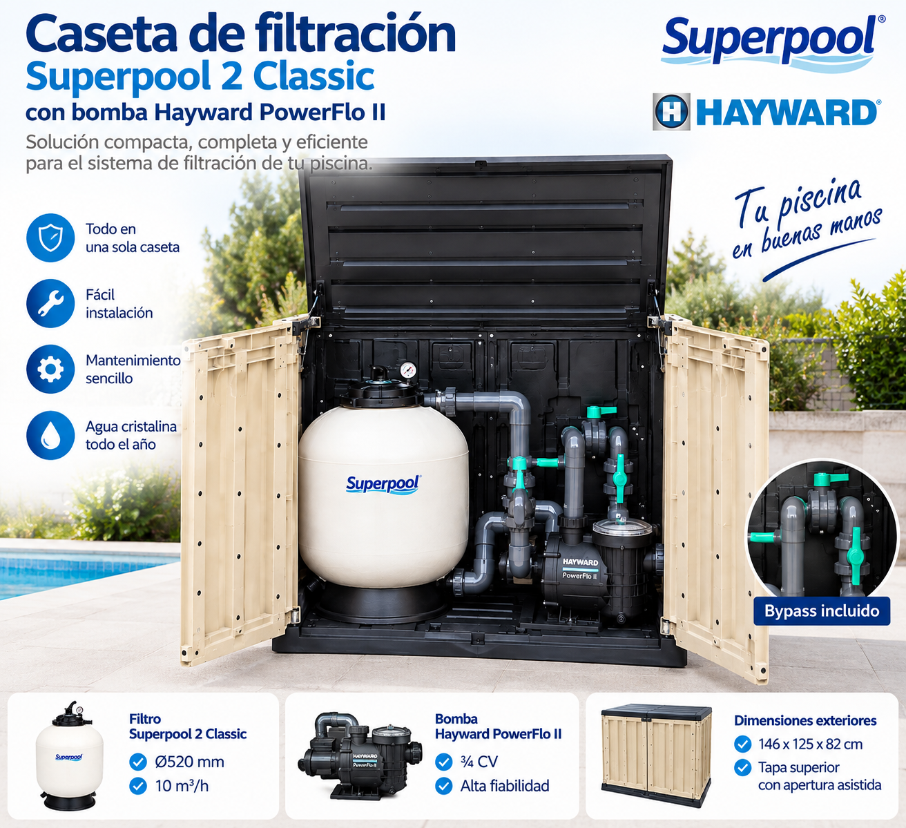 Caseta elevada Superpool 2 Classic Ø520 + Hayward PowerFlo II ¾ CV