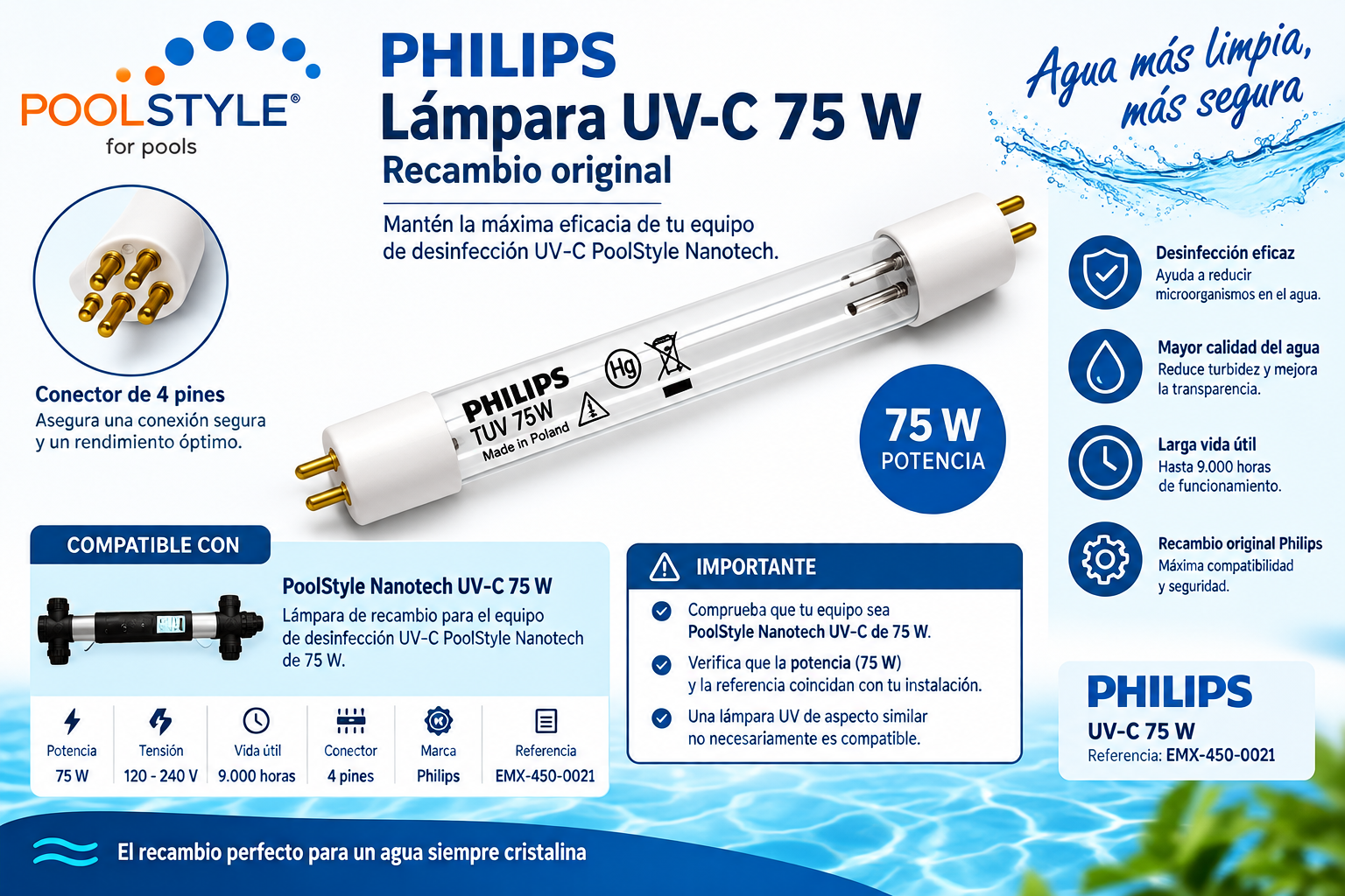 Lámpara UV-C Philips 75 W para PoolStyle Nanotech – EMX-450-0021
