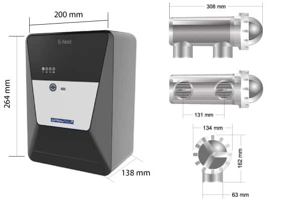 Dimensiones de la unidad y célula AstralPool E-Next