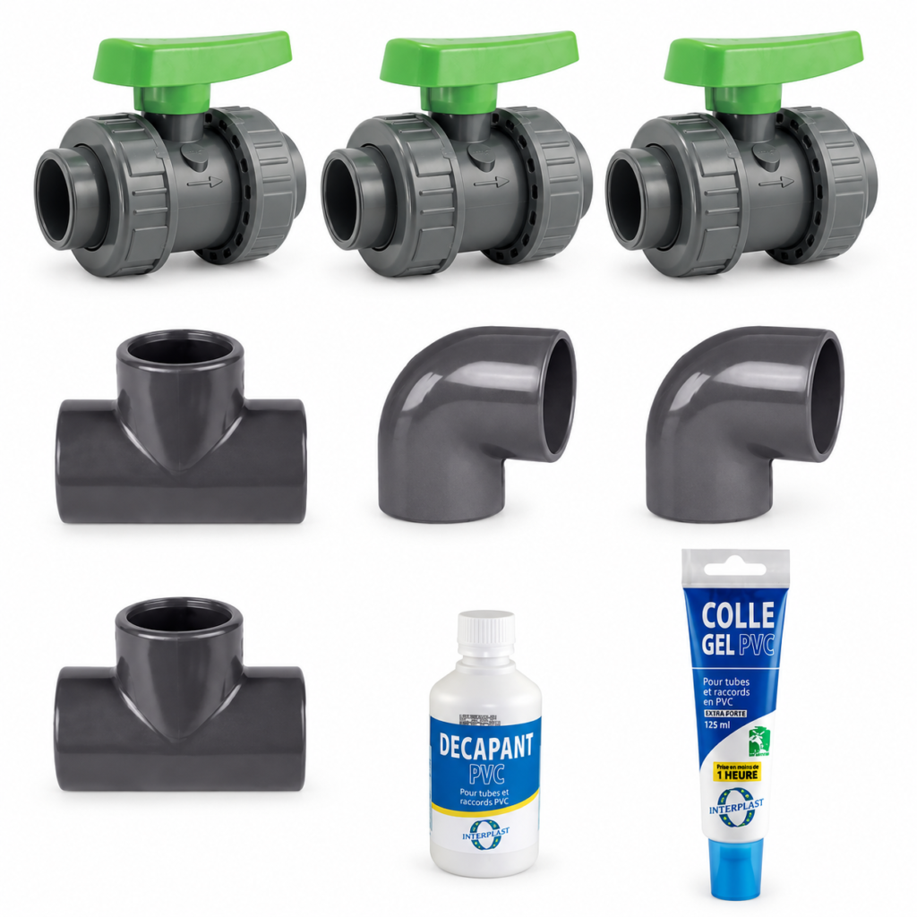 Kit bypass de 50 mm: tres válvulas de PVC con maneta verde, dos tes, dos codos, adhesivo y limpiador PVC