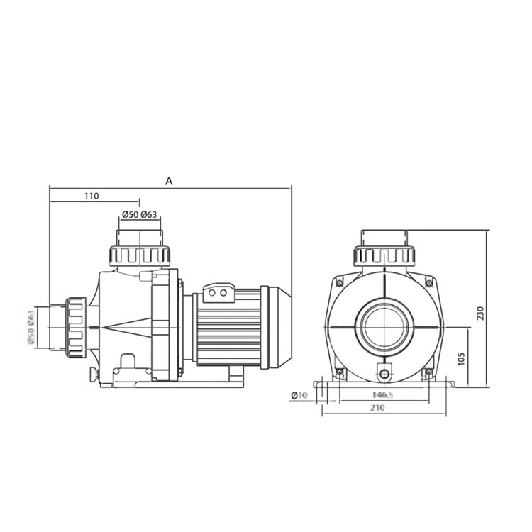 Plano de dimensiones de la serie HCP0900; longitud A según modelo