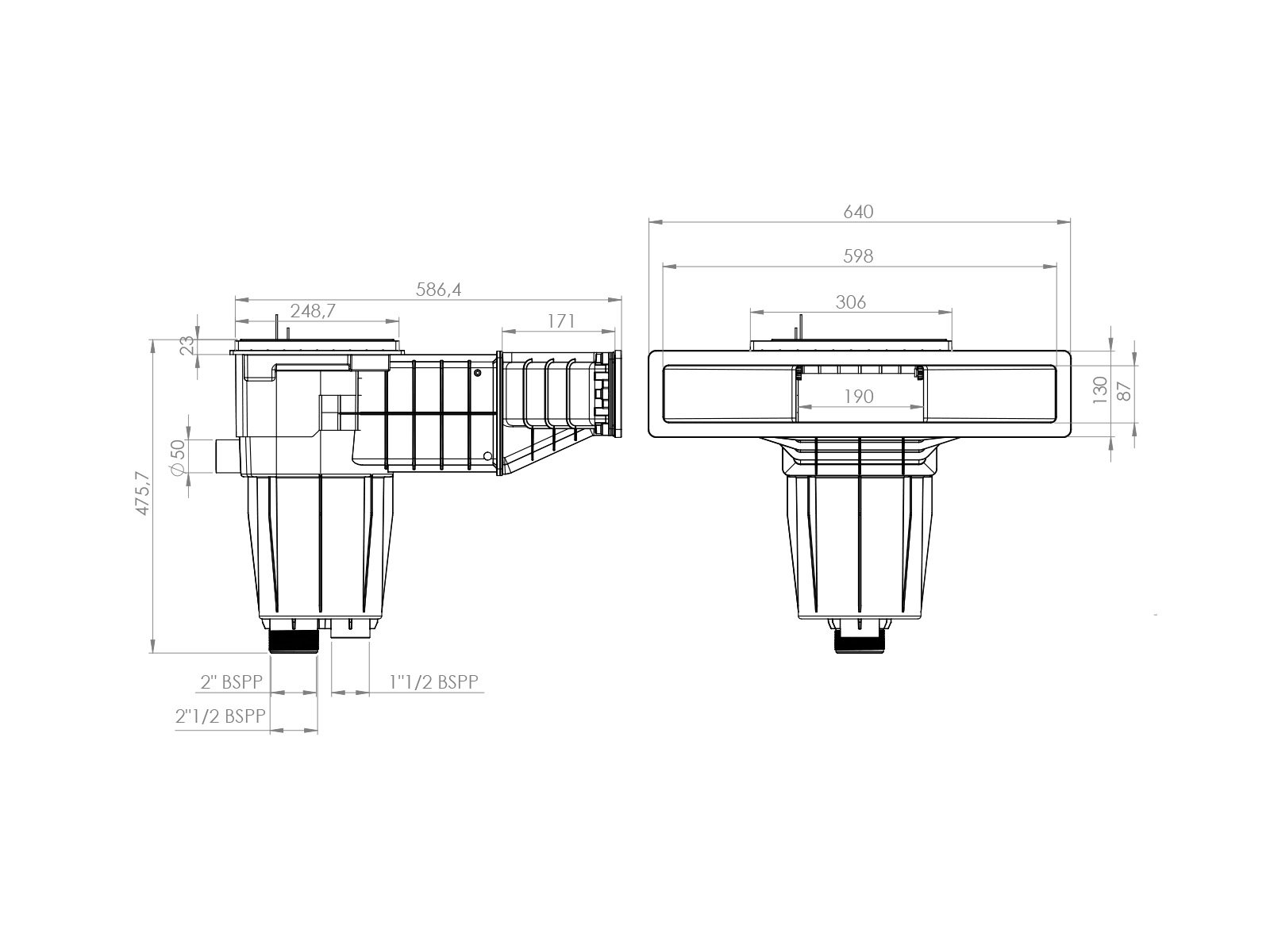 Plano técnico y dimensiones del skimmer Hayward X-Pro 600