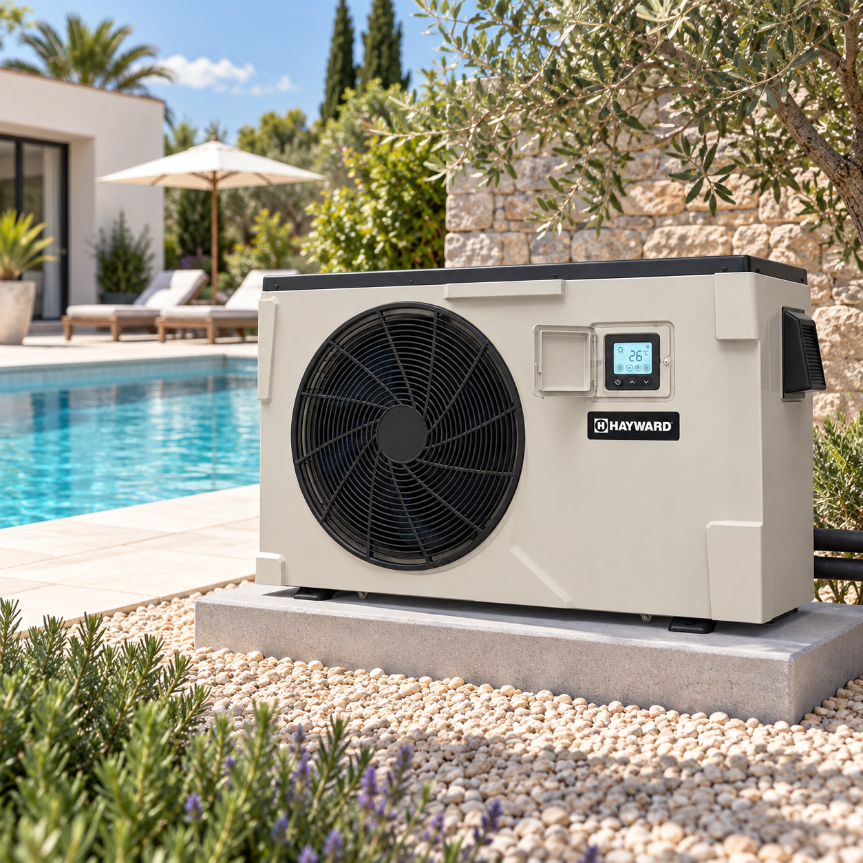 Bomba de calor Hayward K-PAC instalada junto a una piscina